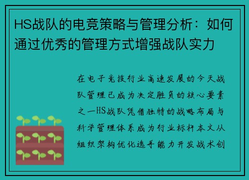 HS战队的电竞策略与管理分析：如何通过优秀的管理方式增强战队实力